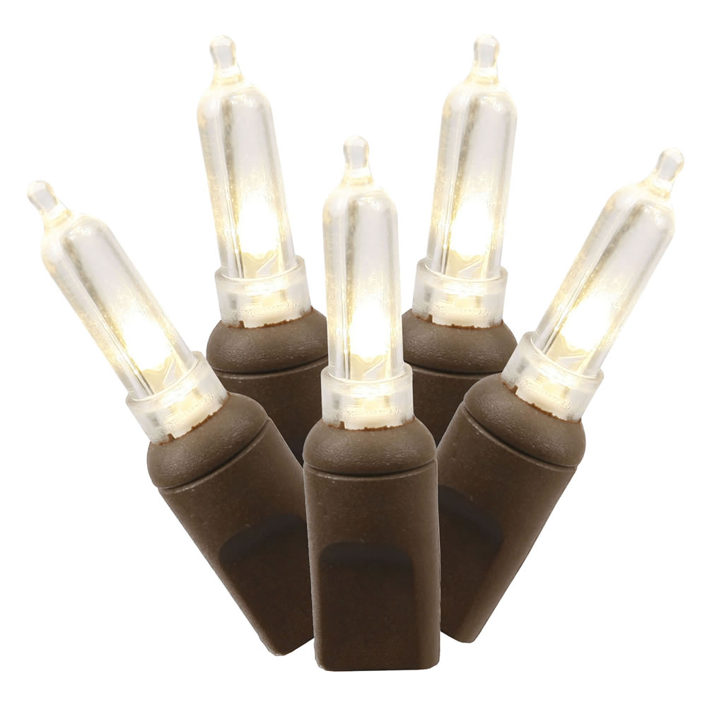 50 Commercial Grade LED Italian M5 Smooth Warm White String Mini Light Set Brown Wire Polybag