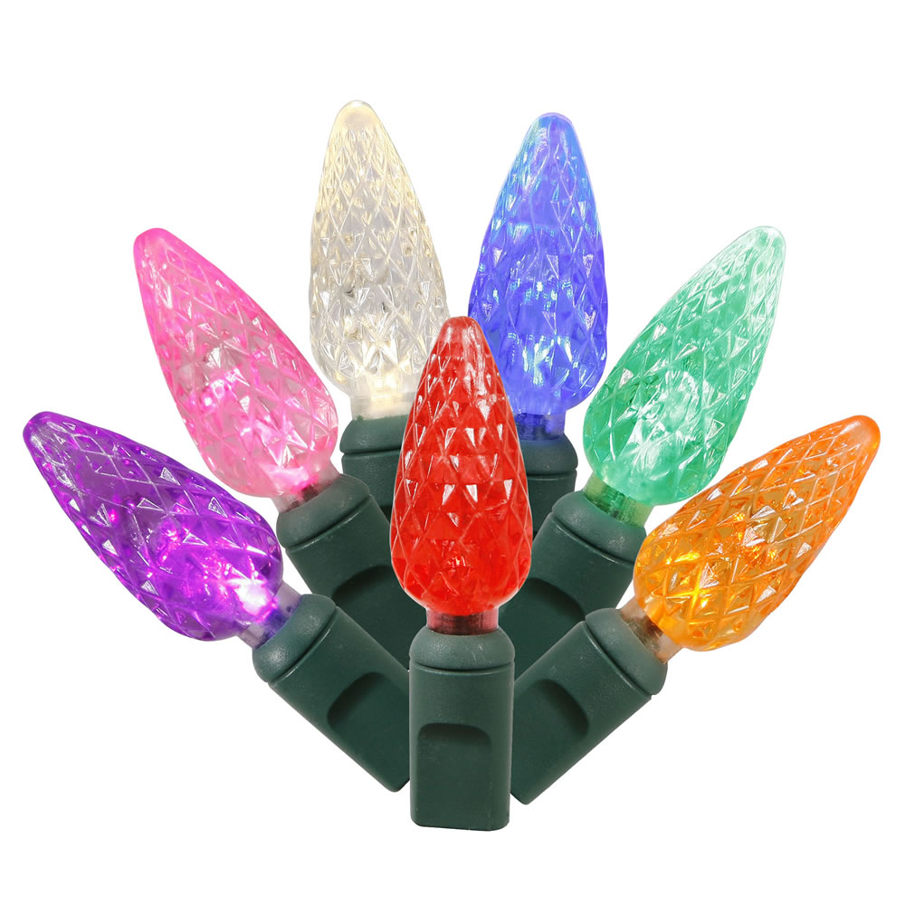 200 Commercial Grade LED C6 Strawberry Faceted Multi Color String Light Set Green Wire Spool