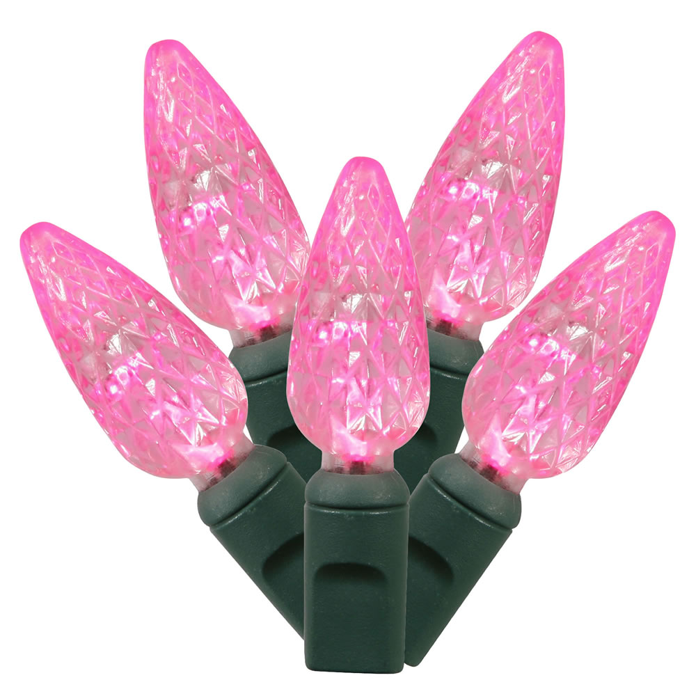 200 Commercial Grade LED C6 Strawberry Faceted Pink String Light Set Green Wire Spool