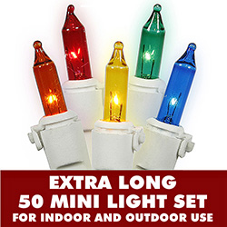 50 Incandescent Multi Color Mini String Light Set White Wire 5.5 Inch Bulb Spacing