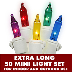 50 Mini Multi DuraLit Extra Long String Light Set With Lamp Locks White Wire