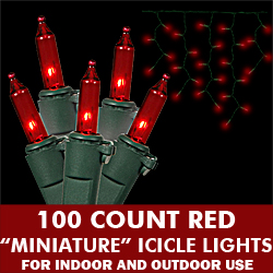 100 Incandescent Mini Red Icicle Light Set Green Wire