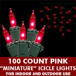 100 Pink Mini Incandescent Christmas Icicle Light Set Green Wire