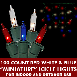100 Incandescent Mini Patriotic Red White and Blue Icicle Light Set Green Wire
