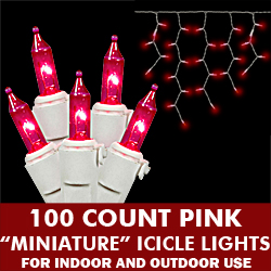 100 Incandescent Mini Pink Valentine Icicle Light Set White Wire