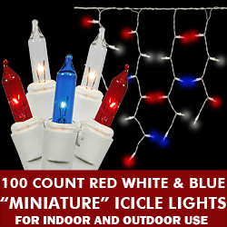 100 Patriotic Red White and Blue Icicle Set - White Wire