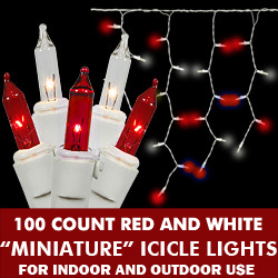 100 Red And Frosted White Icicle Light Set White Wire