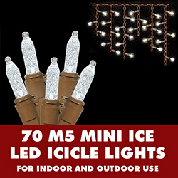 70 Commercial Grade LED M5 Italian Faceted Pure White Icicle Light Set Brown Wire