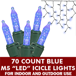 70 Commercial Grade LED M5 Italian Faceted Blue Icicle Light Set Green Wire