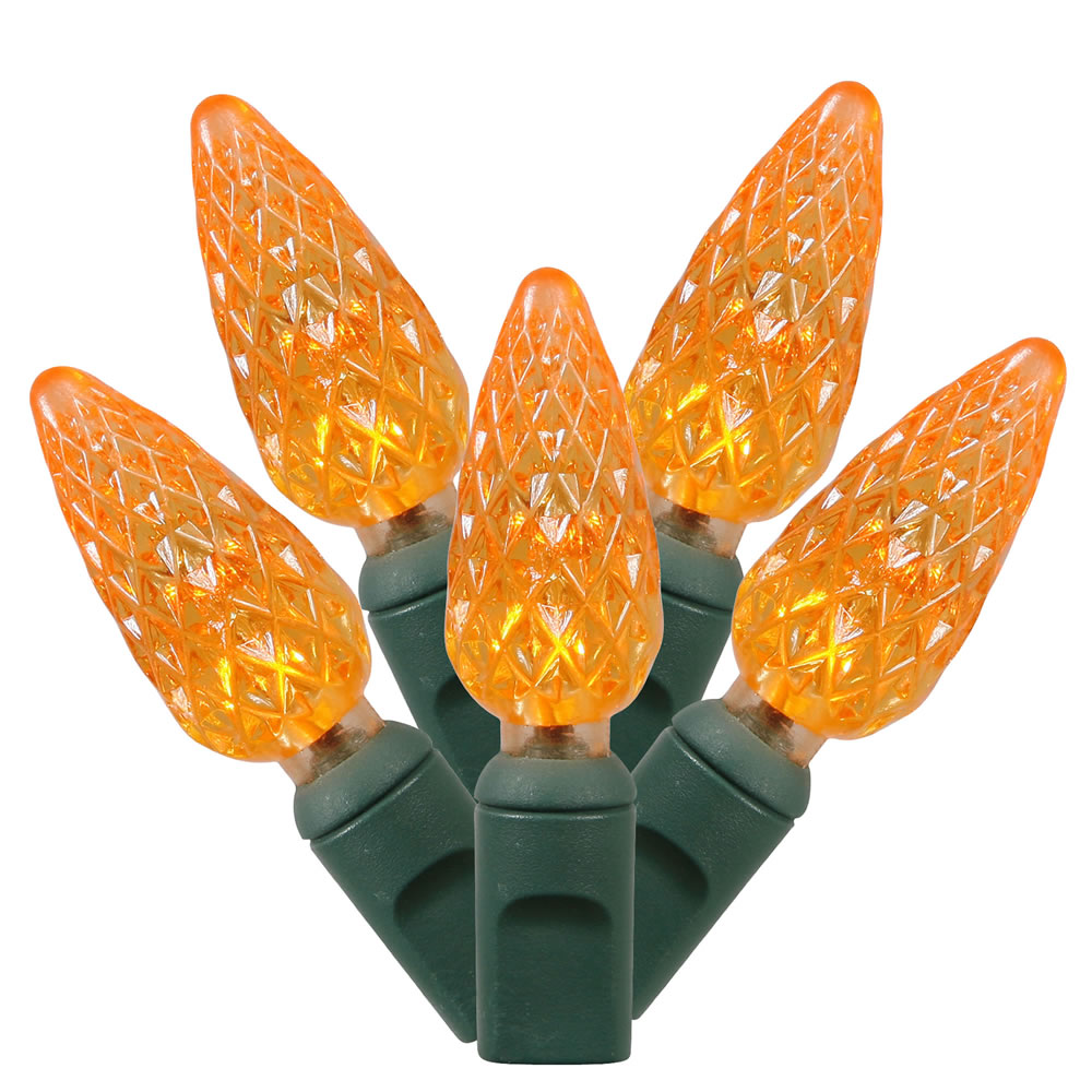 100 Commercial Grade LED C6 Strawberry Faceted Orange Halloween String Light Set Green Wire