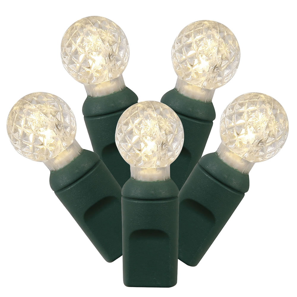 100 Commercial Grade LED G12 Berry Globe Faceted Warm White String Light Set Green Wire Polybag