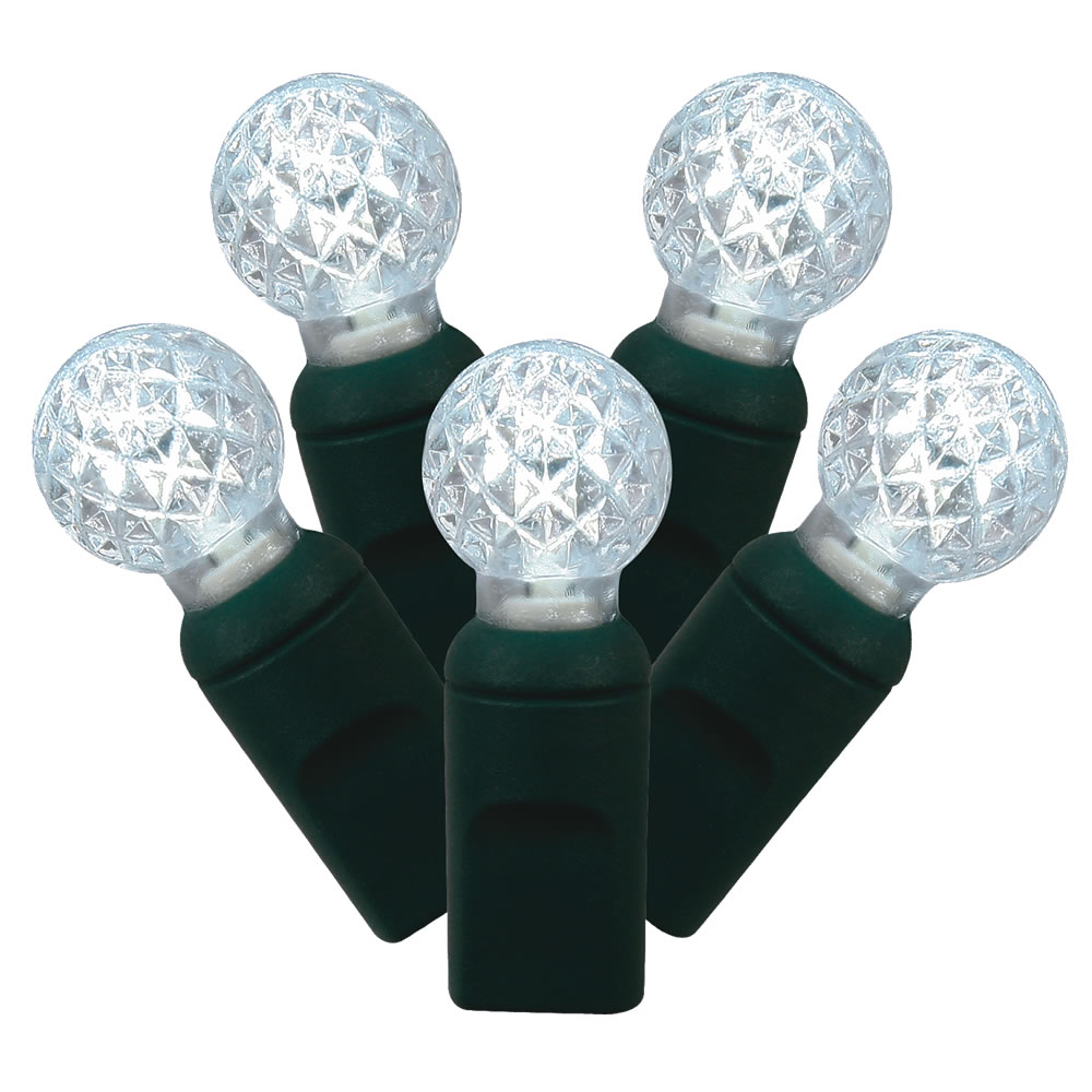 100 Commercial Grade LED G12 Berry Globe Faceted Pure White String Light Set Green Wire Polybag