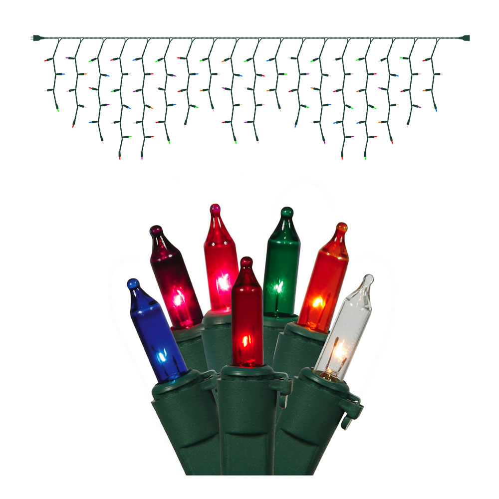 100 Incandescent Mini Multi Color Icicle Light Set Green Wire
