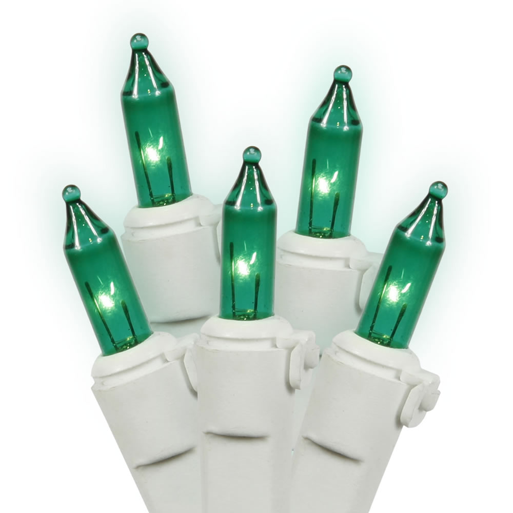 50 Green Incandescent Mini Light Set with White Wire