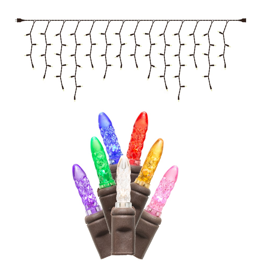 70 Commercial Grade LED M5 Italian Faceted Multi Color Icicle Light Set Brown Wire