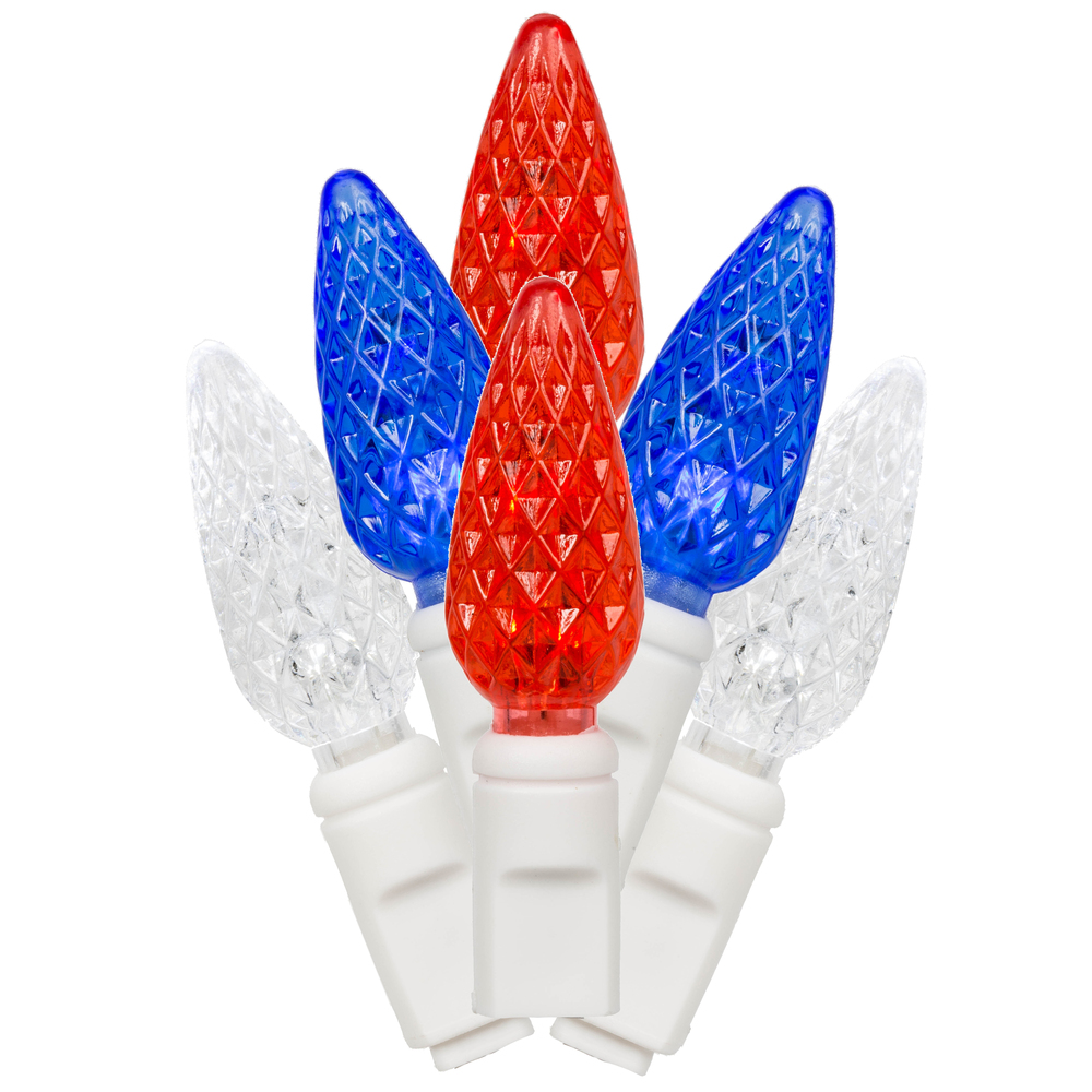 50 Commercial Grade LED C6 Strawberry Faceted Red White and Blue Patriotic String Light Set