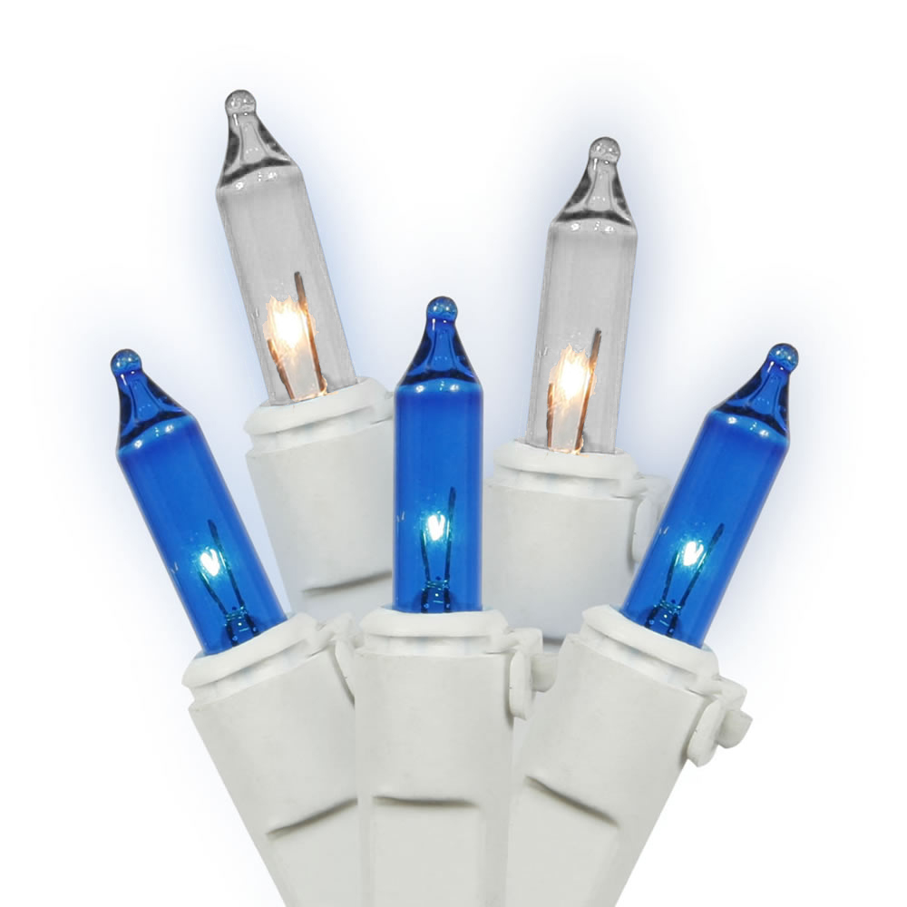100 Incandescent Mini Blue and White Hanukkah Light Set White Wire