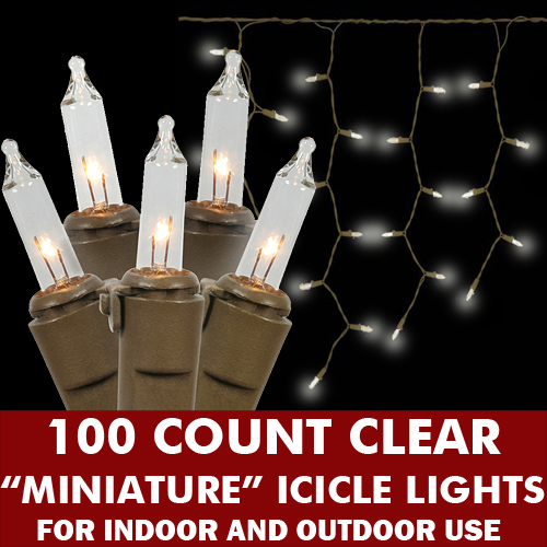 100 Incandescent Mini Clear Icicle Light Set Brown Wire