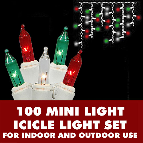 100 Incandescent Mini Red Green Clear Icicle Light Set White Wire