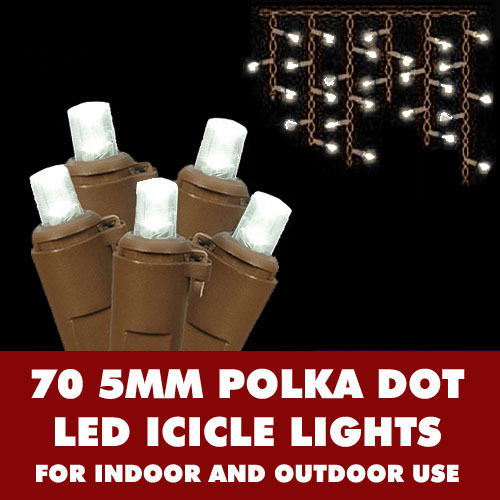 70 Commercial Grade LED 5MM Wide Angle Polka Dot Pure White Icicle Light Set Brown Wire